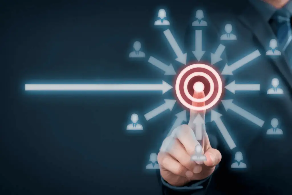 Business professional targeting audience with digital marketing strategy, featuring central bullseye and connected user icons, illustrating precision in customer engagement for mailing lists and omni-channel campaigns.