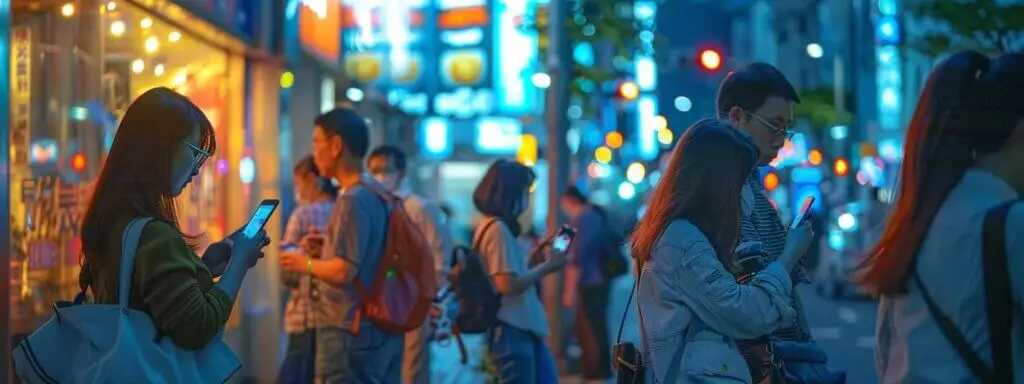 a bustling street scene showcases a diverse group of people intently using their smartphones to discover nearby local businesses, illuminated by vibrant storefronts. People using smartphones on a bustling city street at night, illuminated by vibrant neon lights, emphasizing mobile connectivity in urban environments.