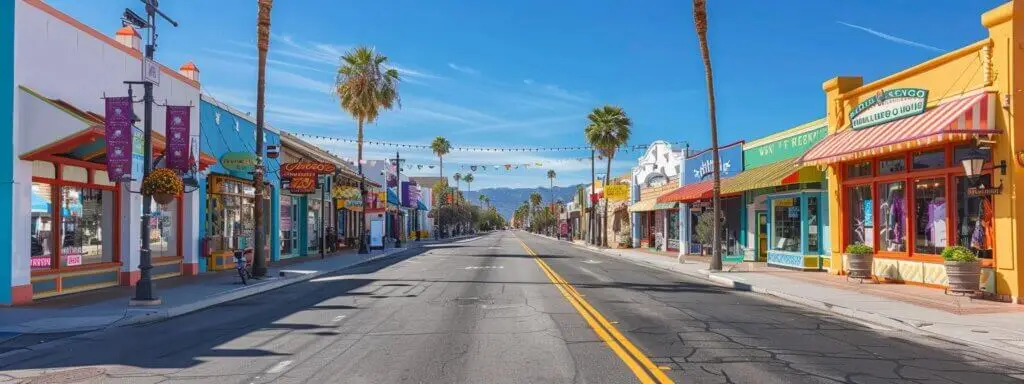 a vibrant street lined with small businesses displays colorful storefronts under a clear blue sky, each showcasing banners and signs that highlight their local presence. Vibrant street scene showcasing colorful storefronts and palm trees, illustrating local business diversity and community engagement for effective local SEO strategies.