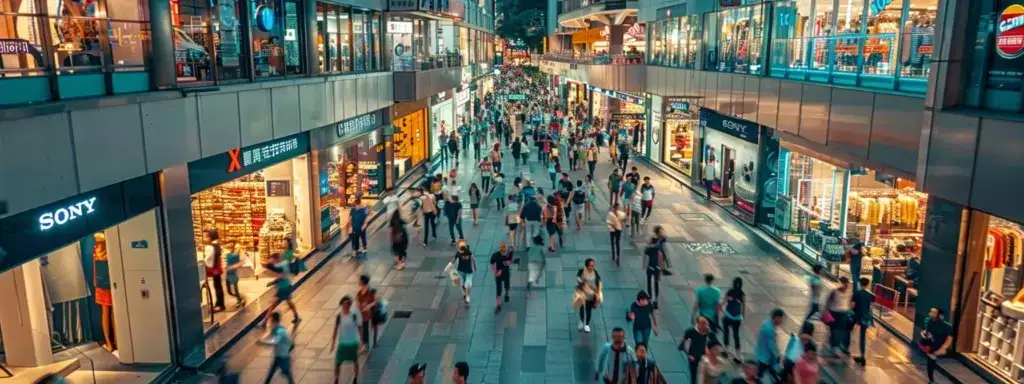 a bustling city street lined with vibrant retail stores and bustling with people, showcasing the success of geoframing in increasing foot traffic for businesses.