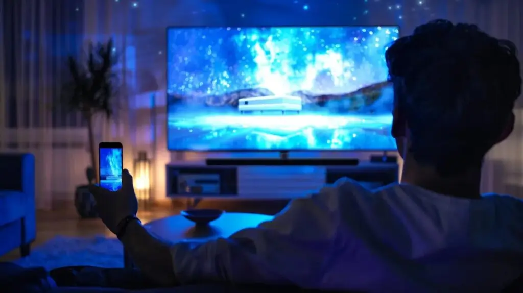 an image of a man in a living room sitting watching tv with mobile phone in hand and they are both showing the same advertisement for a mattress store SLEEP BIG event. Person watching a vibrant display on a television while holding a smartphone, in a cozy living room setting, illustrating engagement with digital content and targeted advertising strategies.