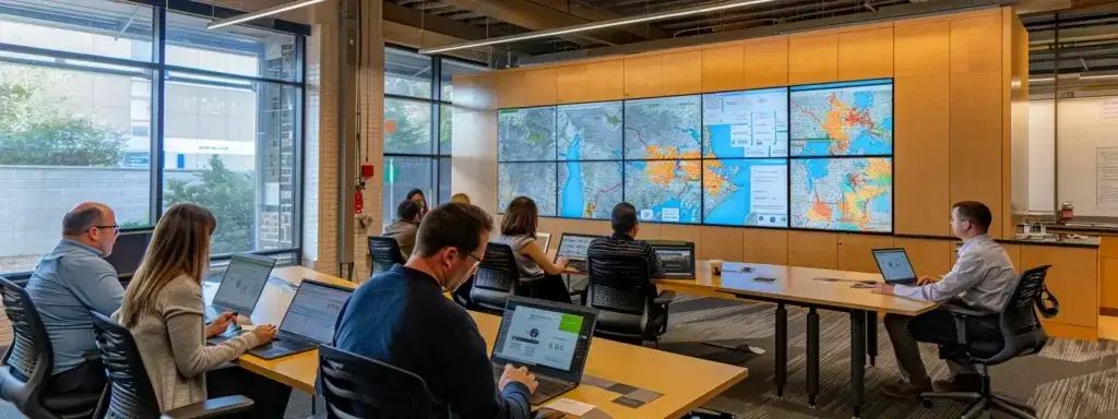 a group of marketers strategizing with laptops and maps in a vibrant, modern office setting to implement geoframing for audience engagement.