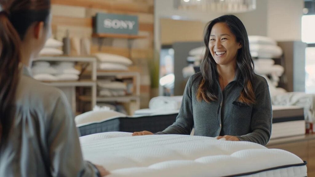 Happy customer interacting with a store associate while exploring mattress options in a retail setting, emphasizing customer satisfaction and engagement in the shopping experience.