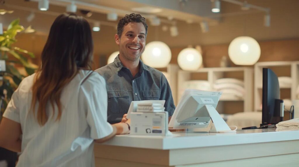 An image of a happy customer at a mattress store checking out at the front counter.