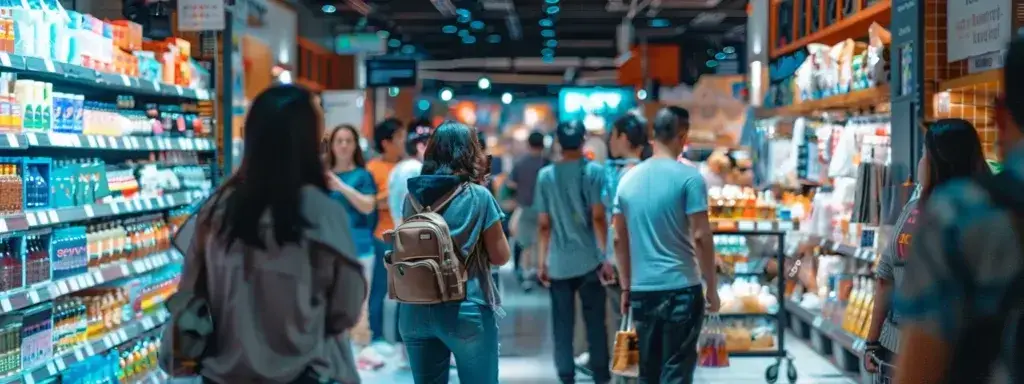 a vibrant and bustling retail store filled with diverse customers interacting with personalized ads and products based on their precise location data captured through geoframing technology.