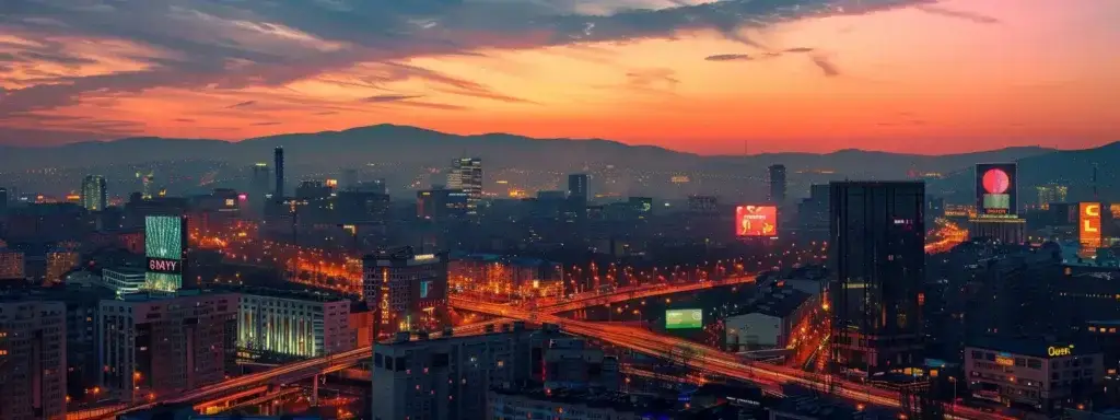 Vibrant cityscape at dusk with illuminated buildings and busy highways, reflecting the dynamic environment for GeoFraming strategies in marketing.
