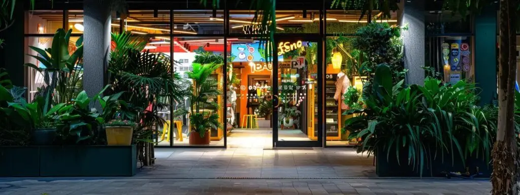 a vibrant storefront proudly displays its welcoming entrance, framed by lush greenery and bustling foot traffic, symbolizing the allure of local businesses enhanced by effective seo strategies. Vibrant storefront with colorful signage and lush greenery, showcasing a welcoming entrance for local businesses to attract nearby customers.