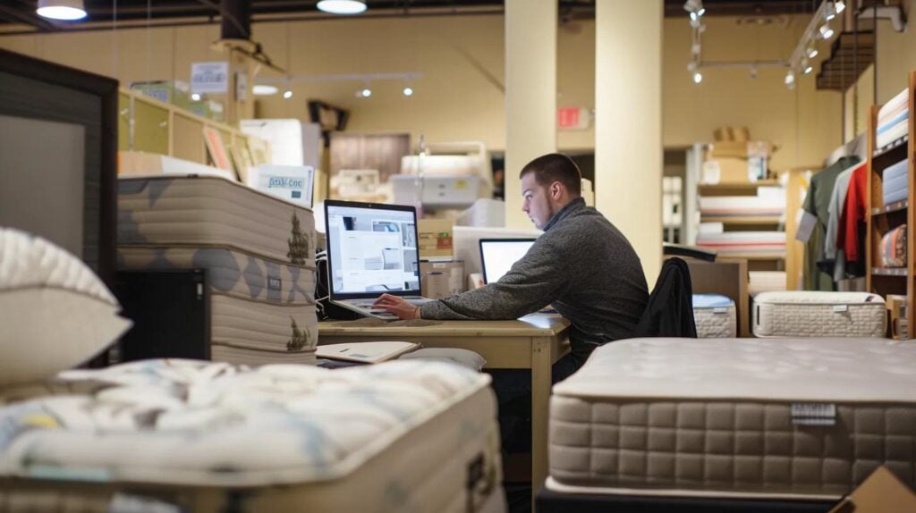 an image showing a website developer working on a website for a mattress store.