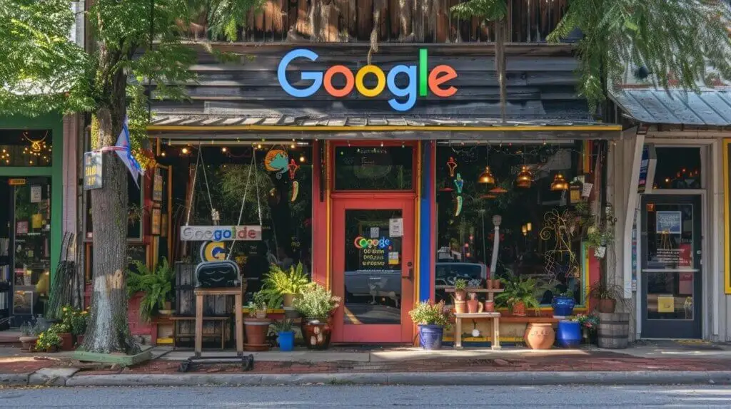 a vibrant local business storefront, bustling with customers, proudly displays an inviting sign highlighting its google business profile amidst lush greenery and colorful awnings. a vibrant local business storefront, bustling with customers, proudly displays an inviting sign highlighting its google business profile amidst lush greenery and colorful awnings.