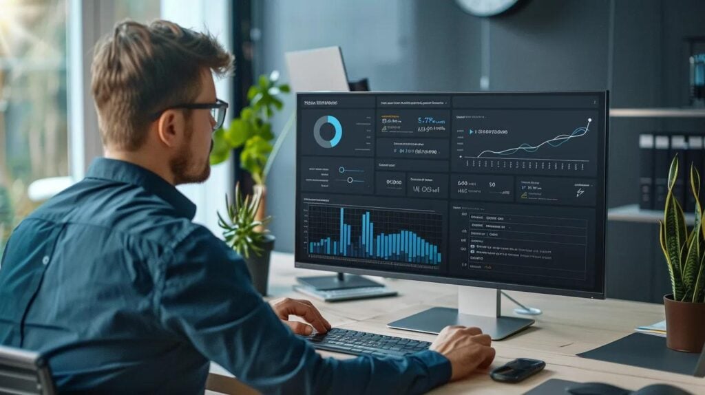 A business dashboard displaying compliance metrics, customer satisfaction ratings, and data security insights. A professional analyzing reports on privacy impact and accessibility improvements, with icons representing trust, growth, and security. Modern and data-driven visual.