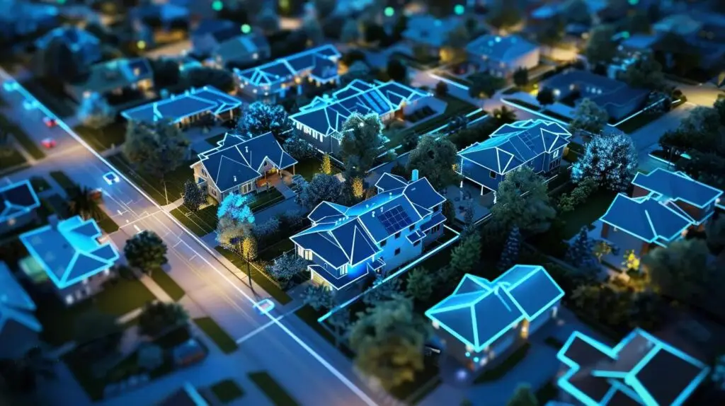 Neighborhood with a blue transparent overlay to depict how geoframing works. Aerial view of a suburban neighborhood at night, illuminated by blue outlines, representing data-driven geoframing techniques for targeted marketing strategies.