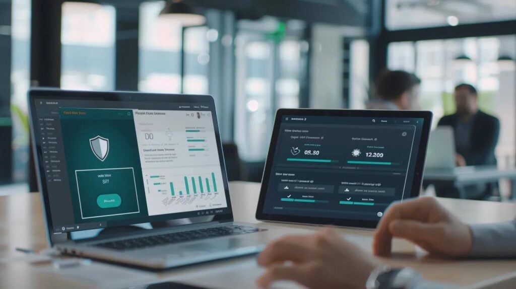 Laptop and tablet displaying privacy management software dashboards with security metrics and analytics, emphasizing technology solutions for compliance and data protection.