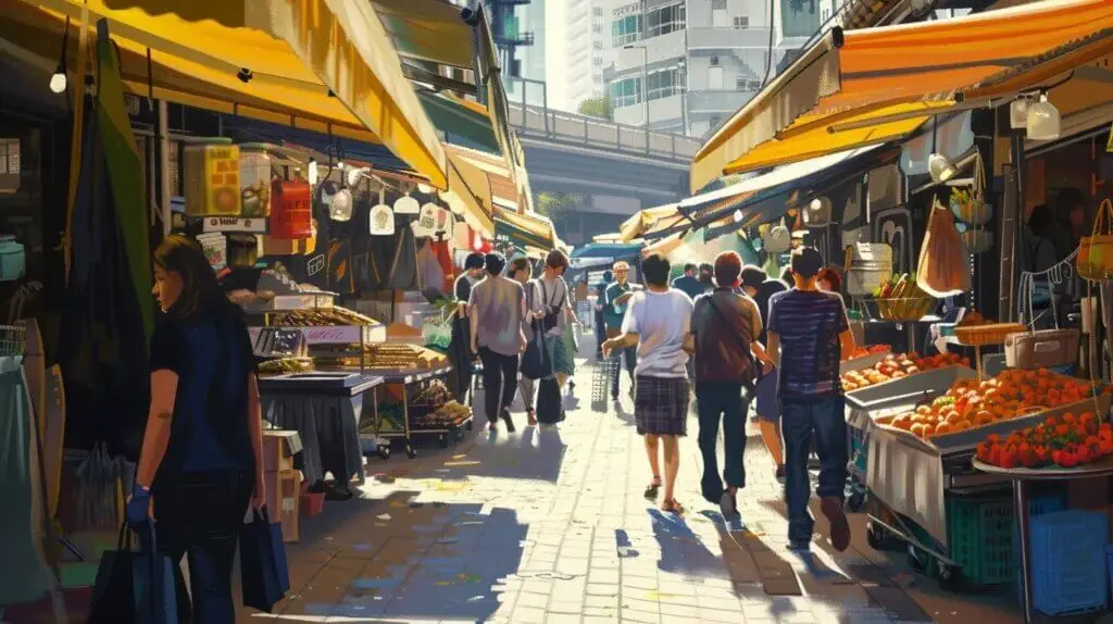 a bustling local market brimming with vibrant stalls, where shoppers engage with merchants using their smartphones to discover nearby deals and offerings. Vibrant local market scene with shoppers browsing stalls, showcasing fresh produce and goods, reflecting community engagement and local commerce.