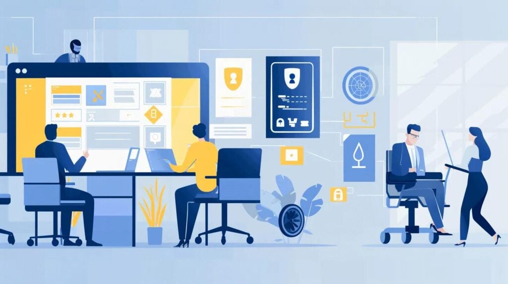 A business team reviewing a privacy policy document with ADA compliance symbols (wheelchair, braille, screen reader) on a digital screen. A checklist and security shield icon represent audits and compliance monitoring. Modern, professional setting.
