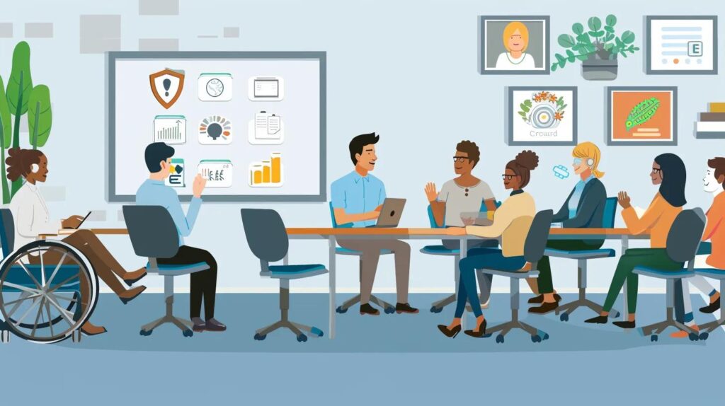 Diverse group of employees in a meeting discussing ADA compliance and privacy, with visual aids on a screen highlighting data and security metrics.