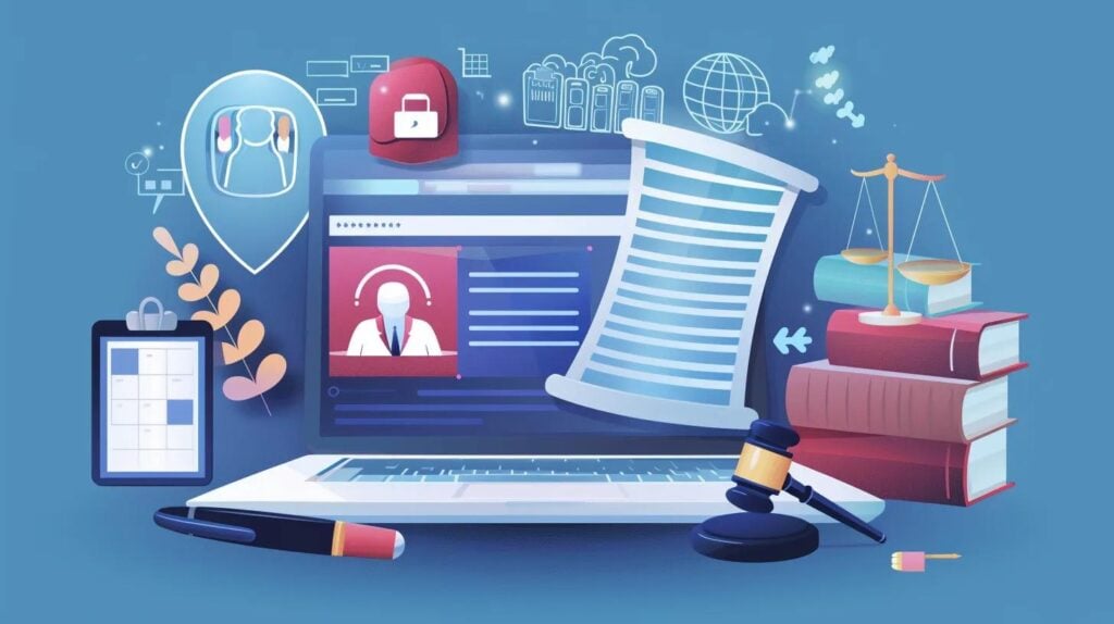 A professional business setting with a person reviewing legal documents on a laptop. The screen displays privacy (shield, lock) and accessibility (wheelchair, braille) icons. A calendar with a webinar reminder and compliance news articles are visible. Realistic and modern corporate style