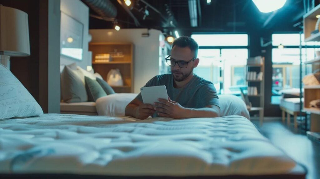 a retail mattress store owner looking over digital advertising stats a retail mattress store owner looking over digital advertising stats