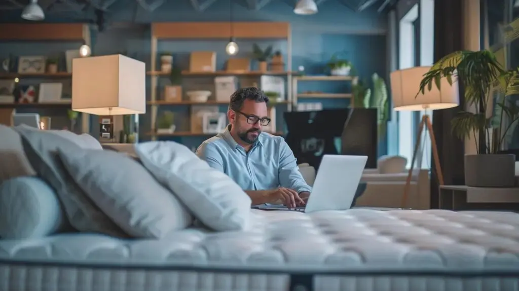 a retail mattress store owner looking over digital advertising stats a retail mattress store owner looking over digital advertising stats