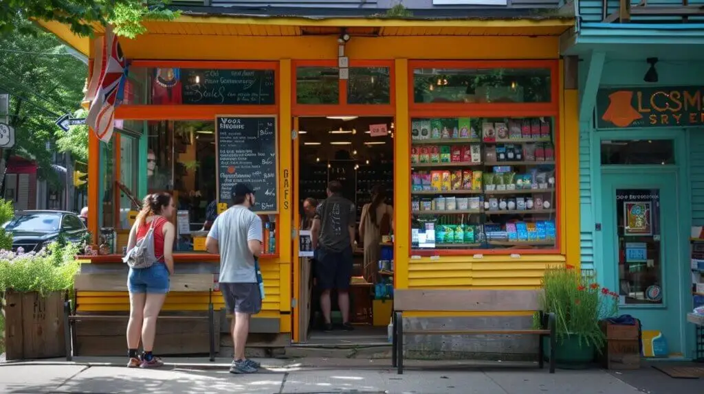 a vibrant local storefront adorned with eye-catching signage and bustling with energetic customers, showcasing the essence of community engagement and business presence. a vibrant local storefront adorned with eye-catching signage and bustling with energetic customers, showcasing the essence of community engagement and business presence.