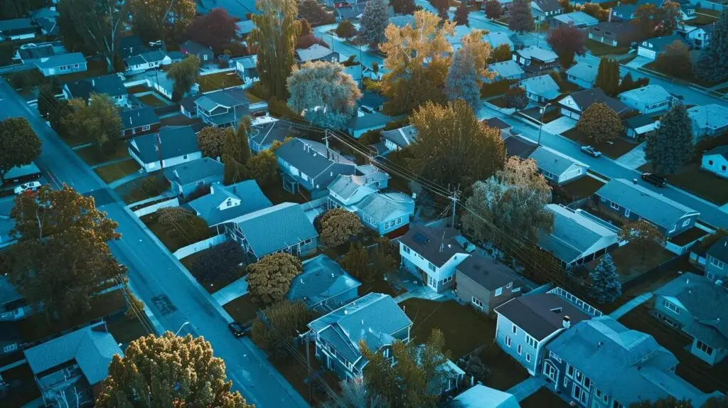 An imge that shows a neighborhood with a blue transparent overlay on just some of the houses to depict geoframing. An image of a neighborhood that can be used to plan geoframing.