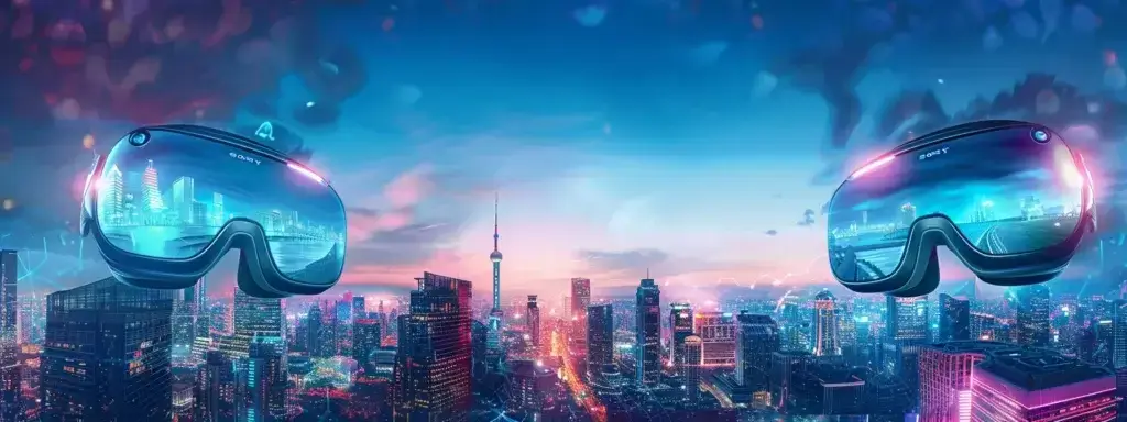 vivid virtual reality glasses showcasing immersive geoframing experiences, with a futuristic cityscape in the background.