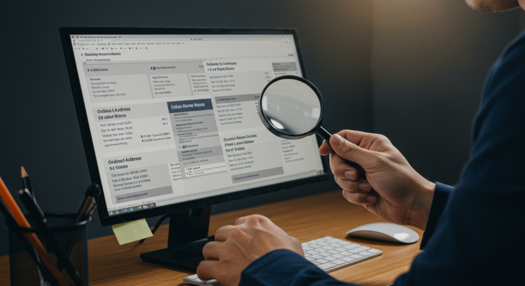 A magnifying glass is held to results on a computer screen showing that a business's information is consistent everywhere.