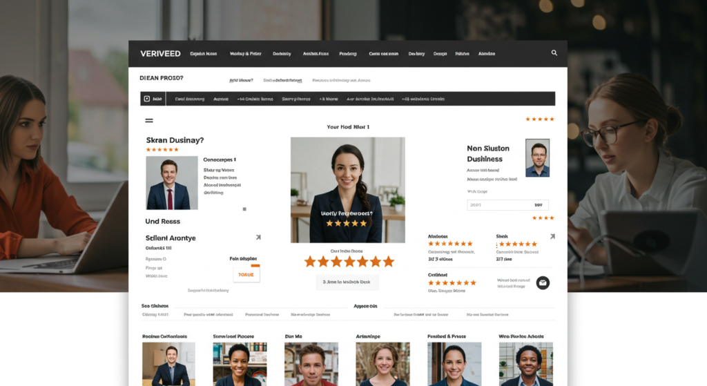 Image of a digital marketing platform interface displaying user profiles, ratings, and testimonials, illustrating local SEO strategies for businesses to enhance online visibility.