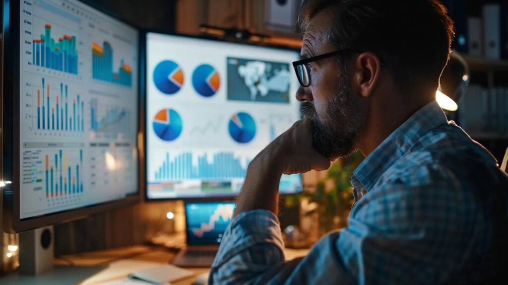 Step-by-Step Guide: Using Geoframing and Identity Graphs in Marketing 2 Business owner analyzing sales data on multiple screens, featuring various charts and graphs, reflecting insights for enhanced marketing strategies.