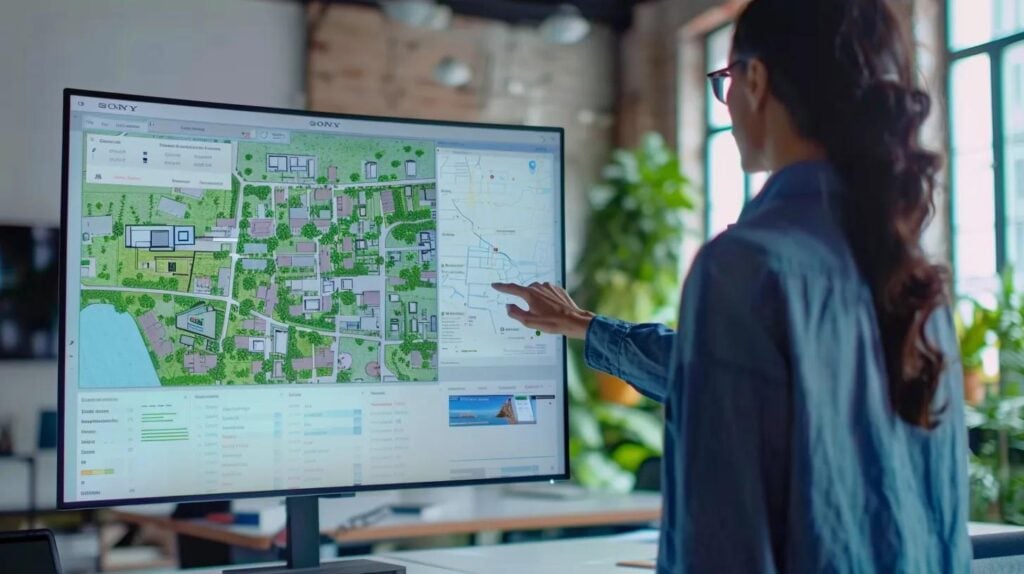 Step-by-Step Guide: Using Geoframing and Identity Graphs in Marketing 1 Woman interacting with a digital map on a touchscreen display, illustrating geoframing and location-based marketing strategies in a modern workspace.