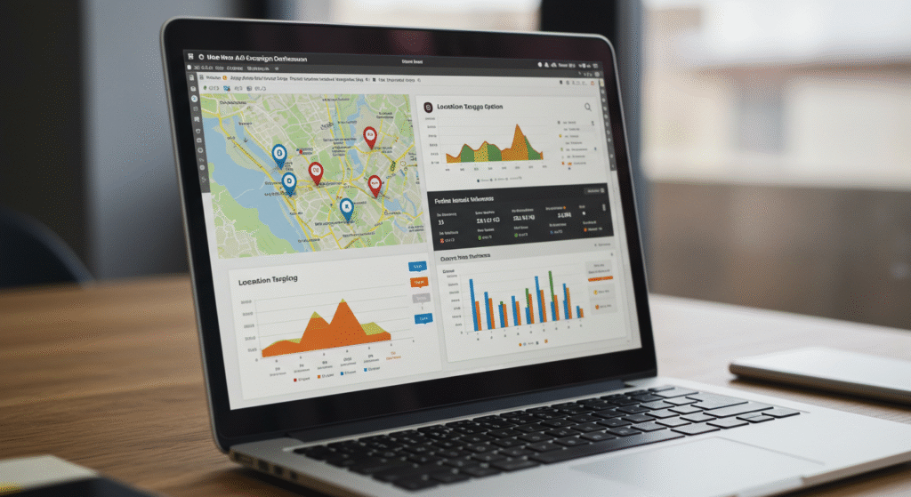 Retailer managing a precise paid ad campaign on a tight budget Laptop displaying marketing analytics dashboard with geo-targeting map and performance graphs, emphasizing local targeting strategies for small business marketing.