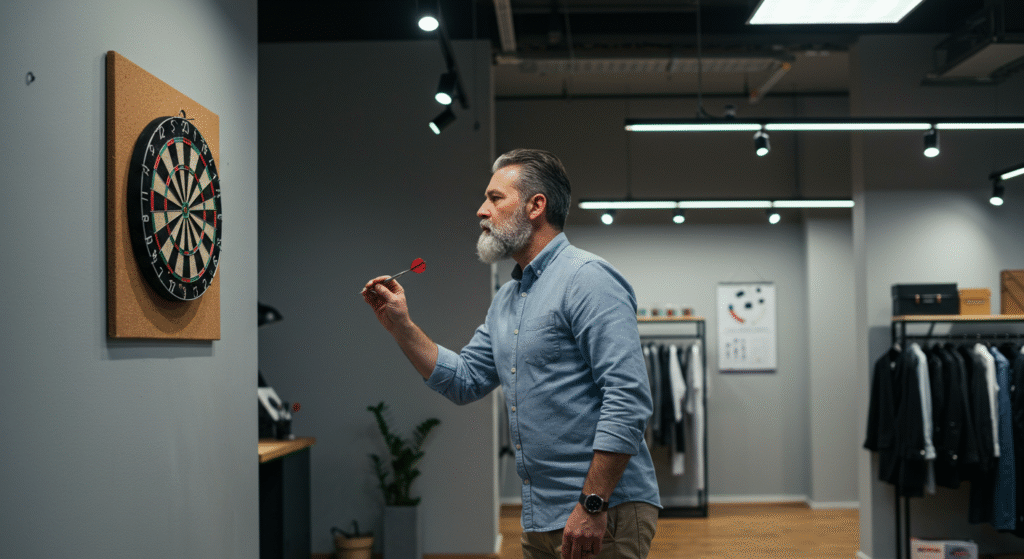 Target representing focused retail marketing goals Man throwing a dart at a dartboard in a retail space, emphasizing focus and strategy in marketing decisions for small businesses.