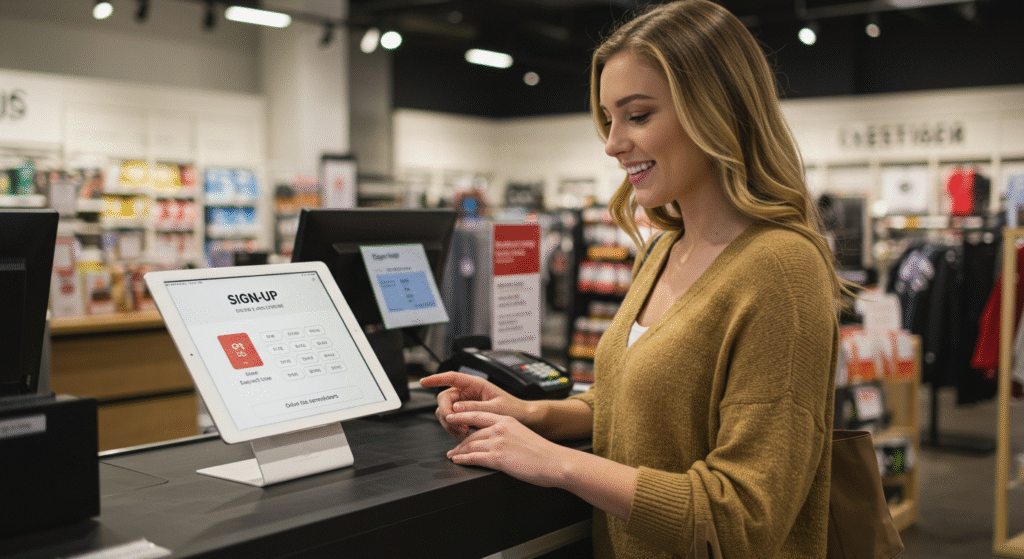 Customer joining a retail email list at checkout Woman signing up for a membership on a tablet at a retail store checkout, emphasizing customer engagement and email list building strategies.
