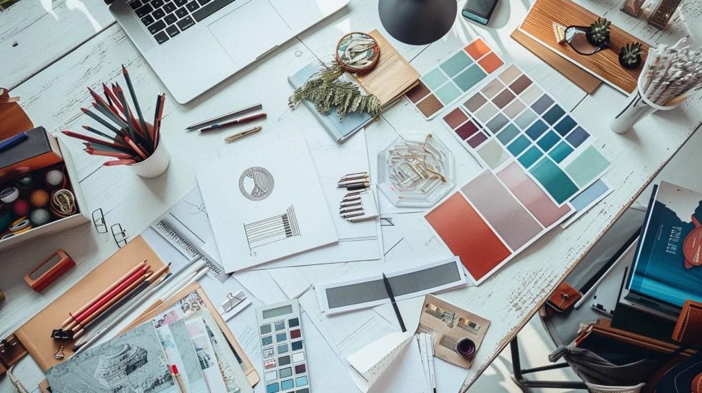 Brand style guide open on desk with logo variations, color swatches, typography samples, clean workspace, natural light, minimal professional setting