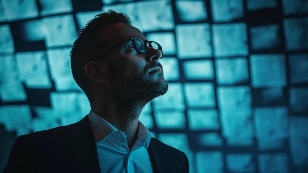 Confident business leader standing in front of a wall of repeating brand visuals fading into the background, one brand mark glowing clearly, cinematic lighting, deep blue tones, premium corporate look, strong contrast