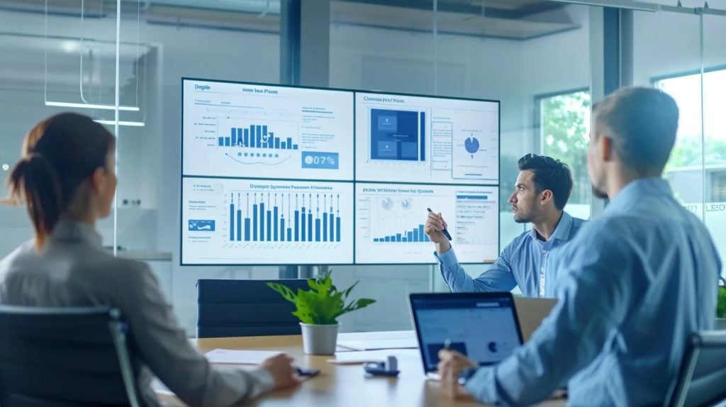 Marketing team reviewing campaign performance on large screen showing website, social media and email dashboard, modern conference room, professional corporate environment